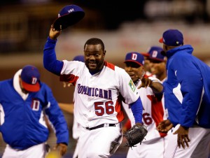 Rodney Fernando #56 of the Dominican Republic celebrates with his team after defeating the Netherlands to win the semifinal of the World Baseball Classic at AT&T Park on March 18, 2013 in San Francisco, California. (Photo by Ezra Shaw/Getty Images) 