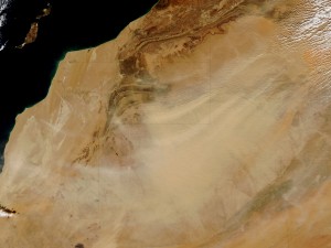 Photo from NASA's Earth Observatory of a dust storm in the Sahara Desert in northwest Africa. 