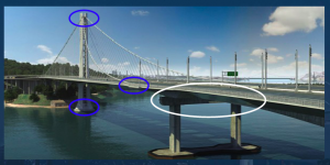 A graphic of the location of anchor bolts on the bridge. The faulty 2008 bolts are circled in white. (graphic: Bay Area Toll Authority)