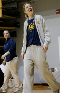 Head Coach Lindsay Gottlieb enters Haas Pavilion Thursday to a cheering crowd that has come to give Cal Berkeley women's basketball team a send-off, as they get ready to depart for their first ever appearance in the Final Four. (Deborah Svoboda/KQED)