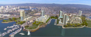 Artist's conception of the Brooklyn Basin development along the Oakland Estuary, south and east of downtown and Jack London Square. 