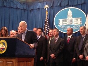 Governor Jerry Brown defends his education funding plan at a Capitol press conference. (Scott Detrow/KQED)