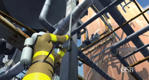 Scene from U.S. Chemical Safety Board Animation of August 2012 Chevron refinery fire: Here, a firefighter uses a steel pike to try to dislodge insulation from a leaking pipe in the crude-processing unit that was soon to catch fire. See full animation below.