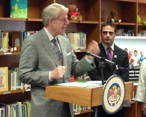 Assembly Democrat Roger Dickinson discusses his proposed ammunition tax at a Sacramento elementary school