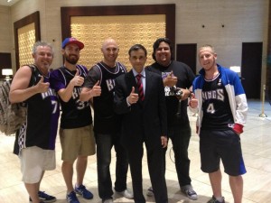 Prospective Kings owner Vivek Ranadive poses with Kings fans who came from Sacramento to Dallas for the NBA meeting. (Kevin Fippin)