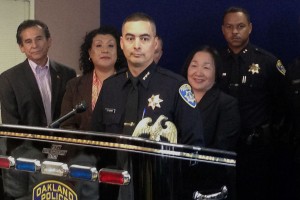 Assistant Chief Anthony Toribio (center) is taking command of the police department during a nationwide search. (Francesca Segre/KQED)