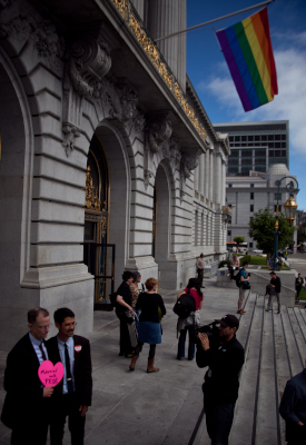 Thousands of people celebrated the Prop. 8 and DOMA rulings at San Francisco City Hall. (Deborah Svoboda/KQED)