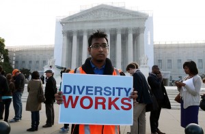  Travis Ballie holds a sign that reads (Diversity Works) in front of the U.S. Supreme Court on October 10, 2012 in Washington, DC. (Mark Wilson/Getty Images)