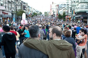 Prop. 8 news captured the world's attention yesterday. Crowds filled the streets in the Castro  Wednesday night. (Chris Radcliff, 47, right, embraces Paul Catasus, 49 among the thousands of people that gathered in the Castro district of San Francisco to celebrate the Supreme Court's rulings on Prop 8 and DOMA. Radcliff and Catasus are both from San Francisco and plan to get married as soon as it's legal. "We never even thought about actually getting married because it wasn't even an option until about a month ago," Radcliff said. (Darlene Bouchard/KQED)