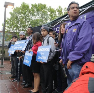 Saul Almanza, BART track safety trainer and SEIU 1021 vice president of BART professional chapter, stands at a June 25 rally at 24th and Mission streets in San Francisco calling attention to safety issues the union says are plaguing the BART system.