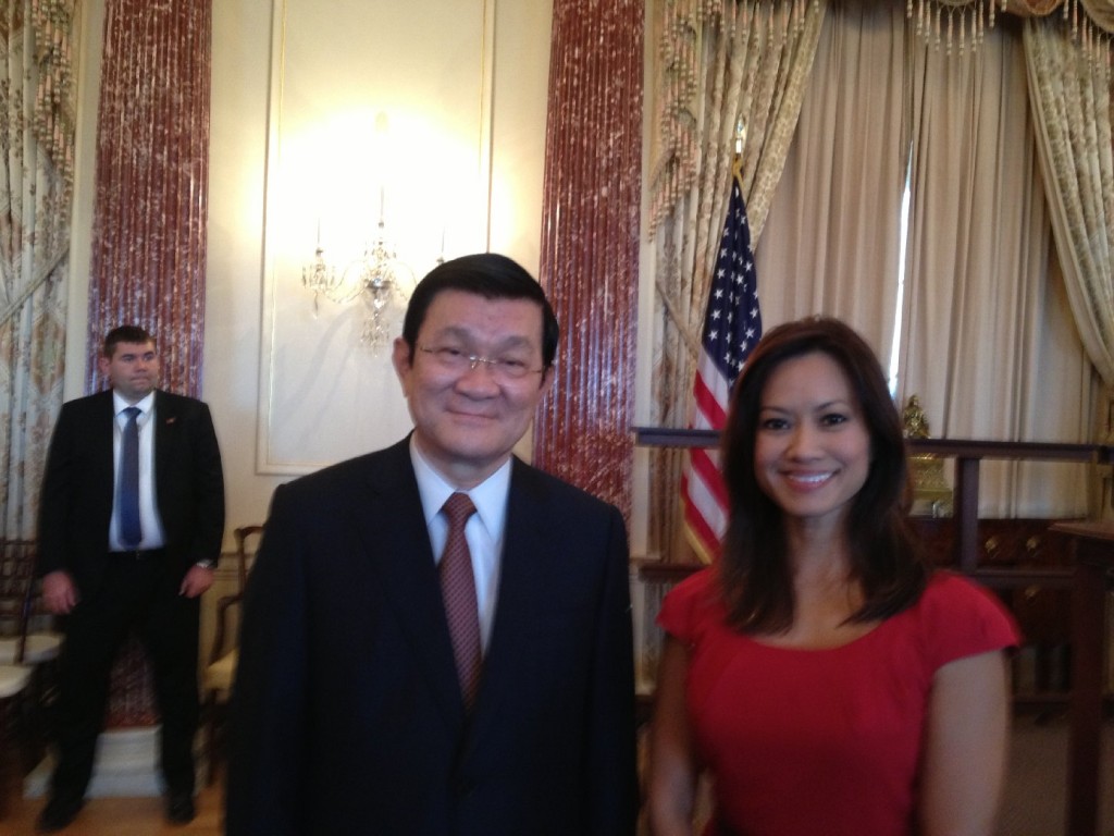 Vietnam's President Truong Tan Sang and Thuy Vu at Thursday's luncheon. (Thuy Vu/KQED)