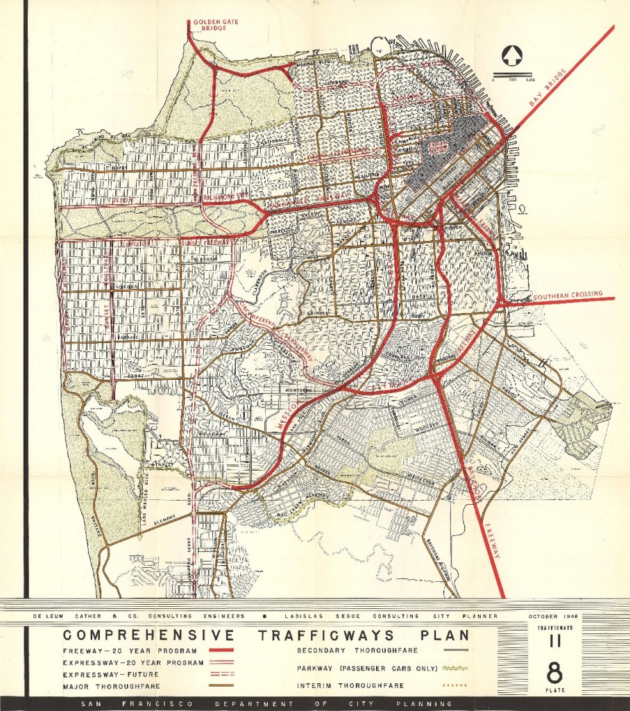 A 1948 San Francisco Planning Department map proposes 10 freeways to crisscross the city. (Eric Fischer/Flickr)
