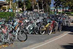 Rows of bicycles are parked on the campus of UC Santa Barbara, where 94% of students take alternative means of transportation. (sleepymeko/Flickr)