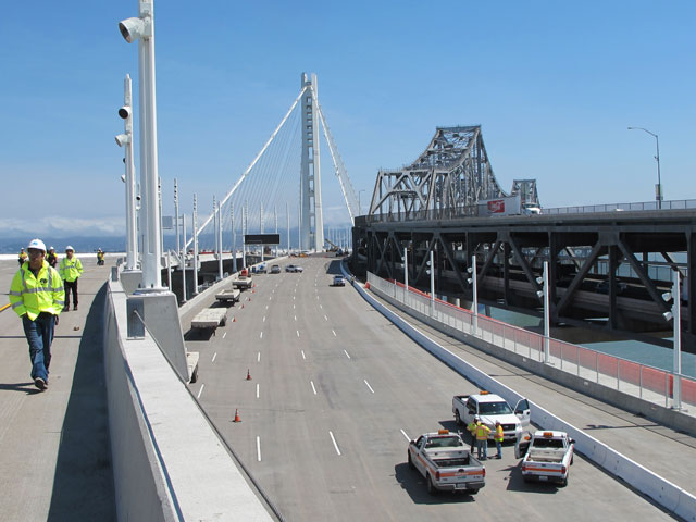 Bay Bridge's new eastern span, left, with older span, right. (Andrew Stelzer/KQED)