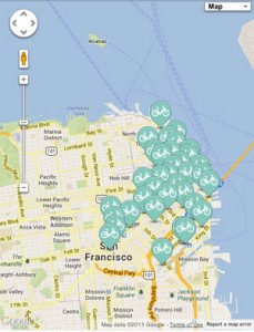 Click to see locations of the bike kiosks in San Francisco. Courtesy of Google.