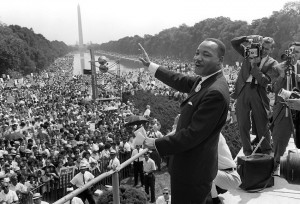 Martin Luther King Jr. waves to supporters from the steps of the Lincoln Memorial on Aug 28,1963 during the March on Washington. (AFP/Getty Images} 
