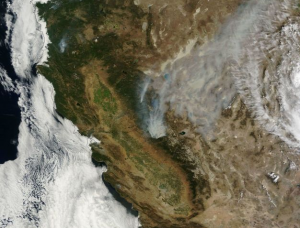 An August 23, 2013, NASA image showing smoke plumes blowing north/northeast from Rim Fire outside Yosemite National Park (NASA Worldview image). 