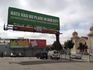 A billboard is now installed on 10th Street just south of Howard Street in San Francisco's South of Market neighborhood. It's intended as a counterpoint to anti-Islam ads that ran earlier this year on the sides of Muni buses. (Vinnee Tong/KQED)