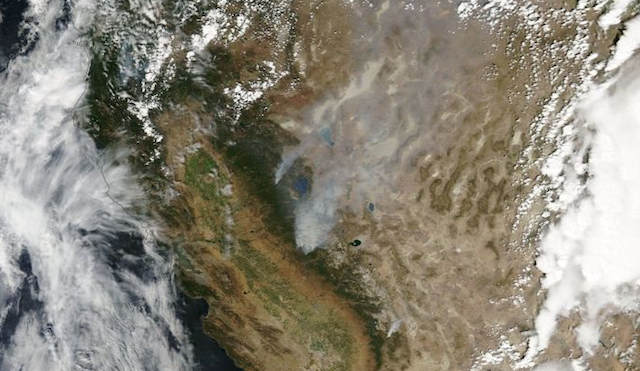 NASA satellite image of smoke from the Rim Fire, in Tuolumne County west of Yosemite National Park, drifting over Lake Tahoe, Reno, and beyond. (NASA Worldview)