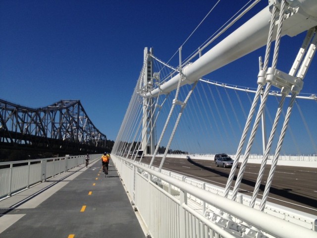 Pedestrians, cyclists and drivers all have a place on the new eastern Bay Bridge span. (Bryan Goebel / KQED)