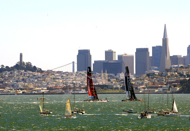 Emirates Team New Zealand and Oracle Team USA in Sunday's racing on San Francisco Bay. 