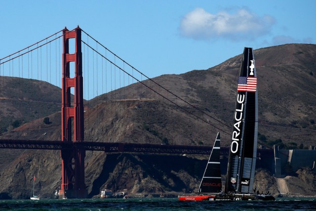 Oracle Team USA during warm ups before the start of the final race of the America's Cup on September 25. (Ezra Shaw/Getty Images)