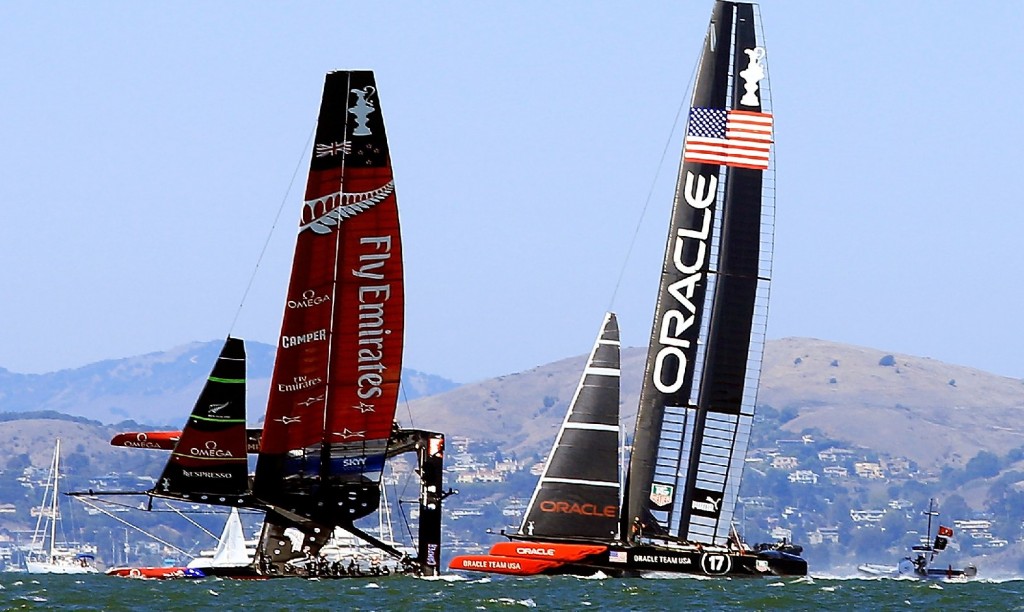 Emirates Team New Zealand's 72-foot catamaran heels over during Race 8 of America's Cup finals. (Jamie Squire/Getty Images)
