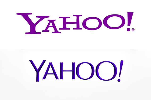 Before and after: Yahoo's old logo, top, and new logo below.