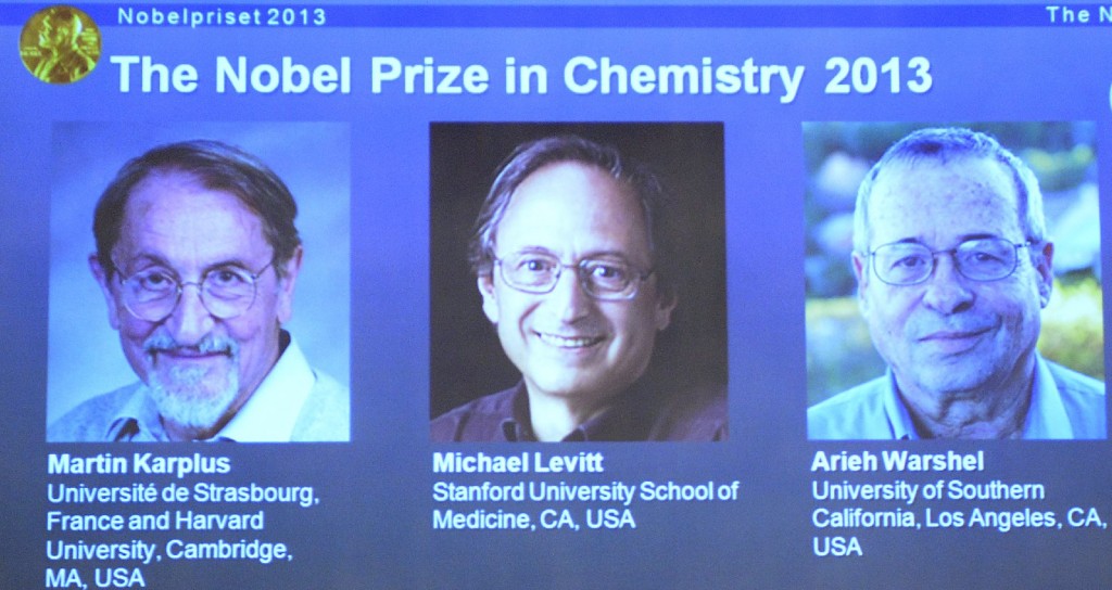 The three researchers who share the 2013 Nobel Prize in Chemistry. From left: Martin Karplus of Harvard, Michael Levitt of Stanford, and Arieh Warshel of the University of Southern California. (Getty Images)