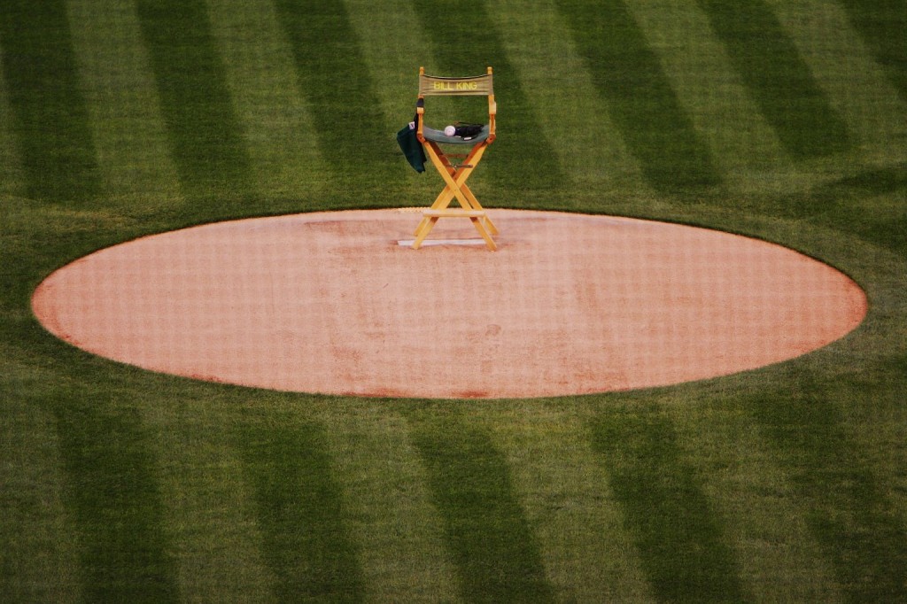 April 2006: Bill King's chair was placed on the Oakland Coliseum pitcher's mound as a tribute to the late broadcaster (Jed Jacobsohn/Getty Images).