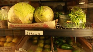 Wilted produce sits on a convenience store shelf in the small town of Raisin City. (Scott Anger/KQED)
