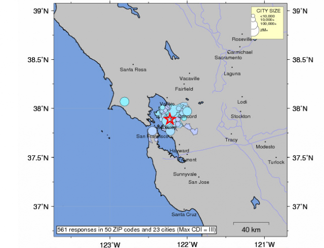 U.S. Geological Survey plot of reports of Sunday night's 3.0-magnitude earthquake in the Berkeley Hills. 