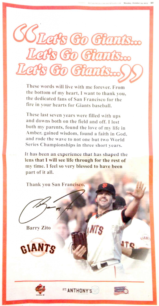 The full page ad that Giants pitcher Barry Zito took out in the San Francisco Chronicle. 
