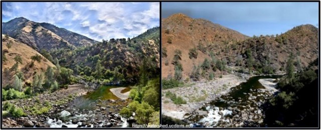 Before and after view of the confluence of the Clavey and Tuolumne rivers in the Rim Fire burn zone. 