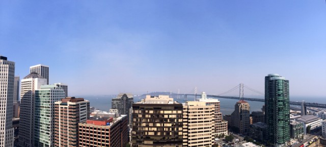 Heavy smoke as seen Friday afternoon in San Francisco. The source of the plume is a wind-driven wildfire in Solano County (David He via Berkeleyside). 