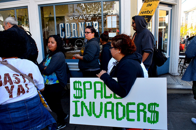 In October 2013, marchers protested gentrification  in San Francisco's Mission District. (Steve Rhodes / Flickr)