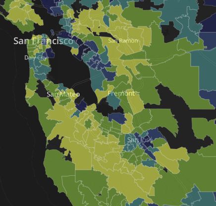 The Washington Post identified two "Super Zips" in the Bay Area — contiguous ZIP codes with high numbers of wealthy, educated residents. The Super Zips are indicated in yellow.