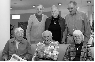 Merrill Newman, in back row at right, in a picture from his Channing House retirement community in Palo Alto. 