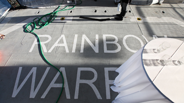The helicopter landing pad at the stern of the ship was covered in tables for the evening. (Deborah Svoboda/KQED)