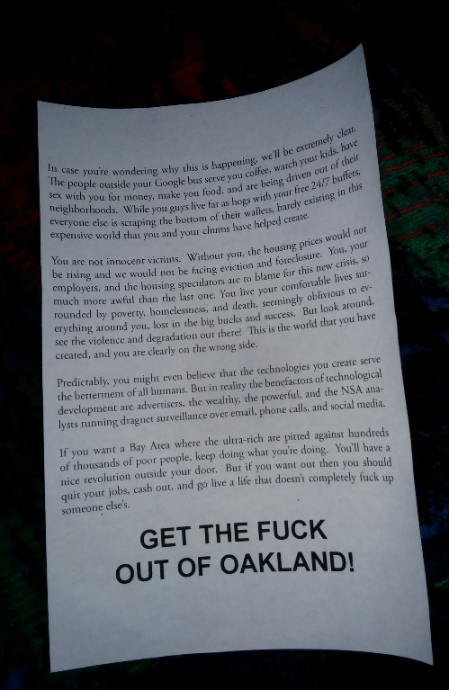 Flyer distributed by Google bus protesters in West Oakland, as posted to Twitter. 