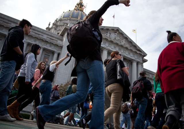 In March, hundreds of students from several campuses of the City College of San Francisco arrived at City Hall as part of an ongoing protest against a plan to revoke the college's accreditation. That battle continues, with CCSF supporters now suing to block an accreditation agency from proceeding with its plan. (Deborah Svoboda/KQED)
