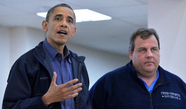 President Obama with New Jersey Gov. Chris Christie at a shelter for Hurricane Sandy victims in Brigantine, N.J. in October 2012. (Jewel Samad/AFP-Getty Images)