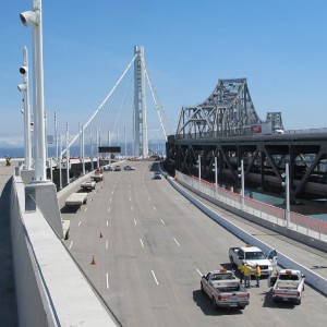 The new Bay Bridge eastern span, left, and the old span, right. (Andrew Stelzer/KQED)