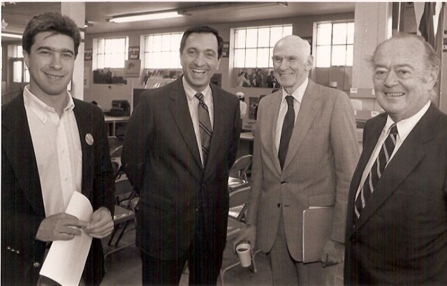 L to R: Scott Shafer, Mayor Art Agnos, Sen. Alan Cranston, state Sen. Milton Marks In 1989. (Courtesy of the City of San Francisco)