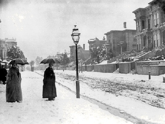 Feb. 5, 1887: Snow on Shotwell Street in San Francisco's Mission District (San Francisco Chronicle, via FoundSF). 