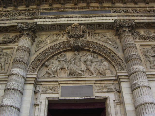 The entrance to Paris's Church of St. Etienne du Mont (a.k.a. St. Stephen), depicting the death of the first Christian martyr. (Dan Brekke/KQED)