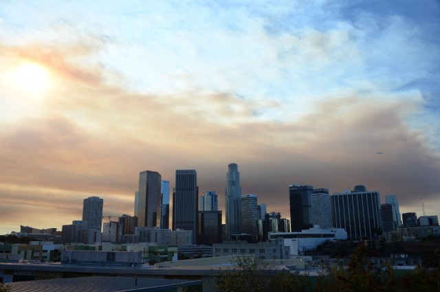 Smoke from a fire burning near the Los Angeles suburb of Glendora shrouds downtown. (Robyn Beck/AFP-Getty Images)