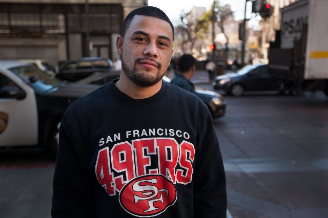 Jayson Gazo, from San Francisco's Bayshore neighborhood, is hoping the 49ers are able to make another Super Bowl appearance this year. He's bullish on the 49ers chances to get back to the Super Bowl, thanks to second-year quarterback Colin Kaepernick. "I don't think they could mess with Kaepernick -- the way he runs the ball and all that. Yeah, the Seahawks don't have a chance." (Mark Andrew Boyer/KQED)