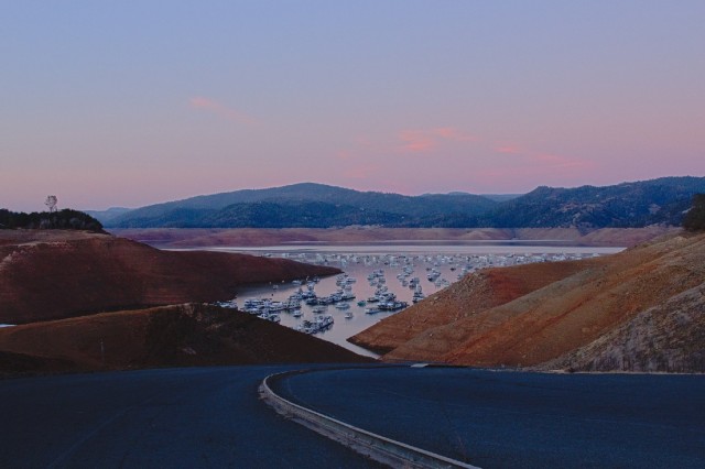 Lake Oroville, the largest reservoir in the State Water Project, is pictured on Jan. 18, 2014, the day it hit its lowest point during the current drought. (Dan Brekke/KQED)