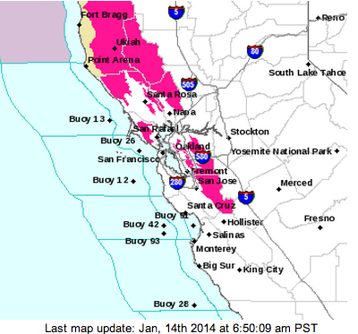 National Weather Service map showing red-flag fire conditions for the Bay Area and Northern California. (Click on map to go to National Weather Service/Bay Area home page.)